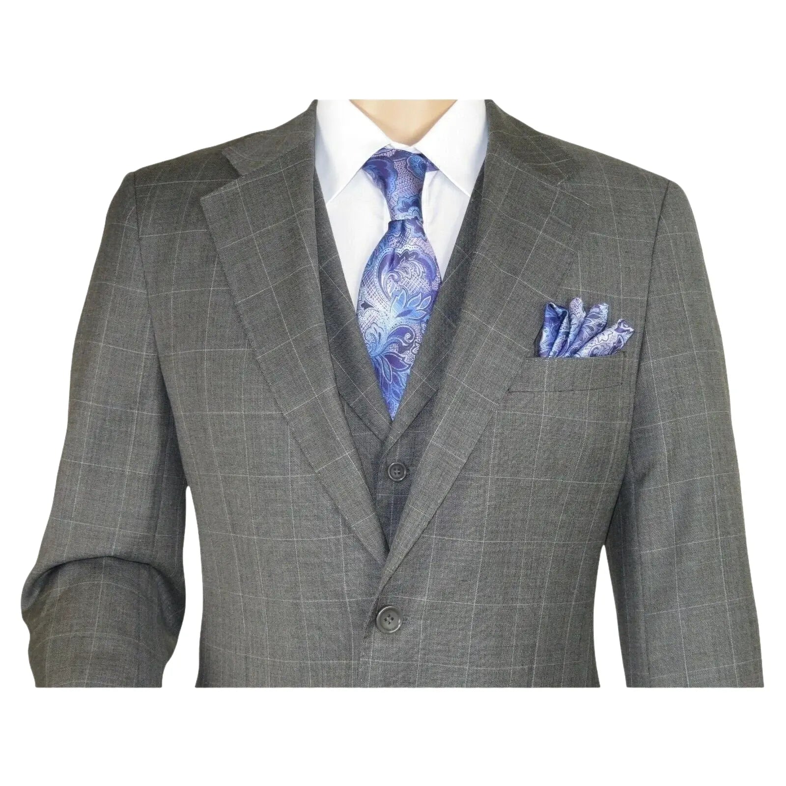 Men Apollo King 3pc Classic Suit A303 Gray white window pane 100% Wool Ship free - J.Valintin Men's Wear Legend - 21458