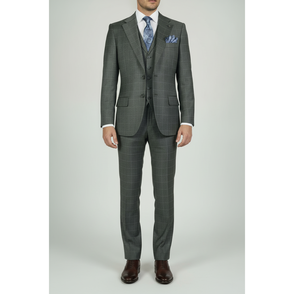 Men Apollo King 3pc Classic Suit A303 Gray white window pane 100% Wool