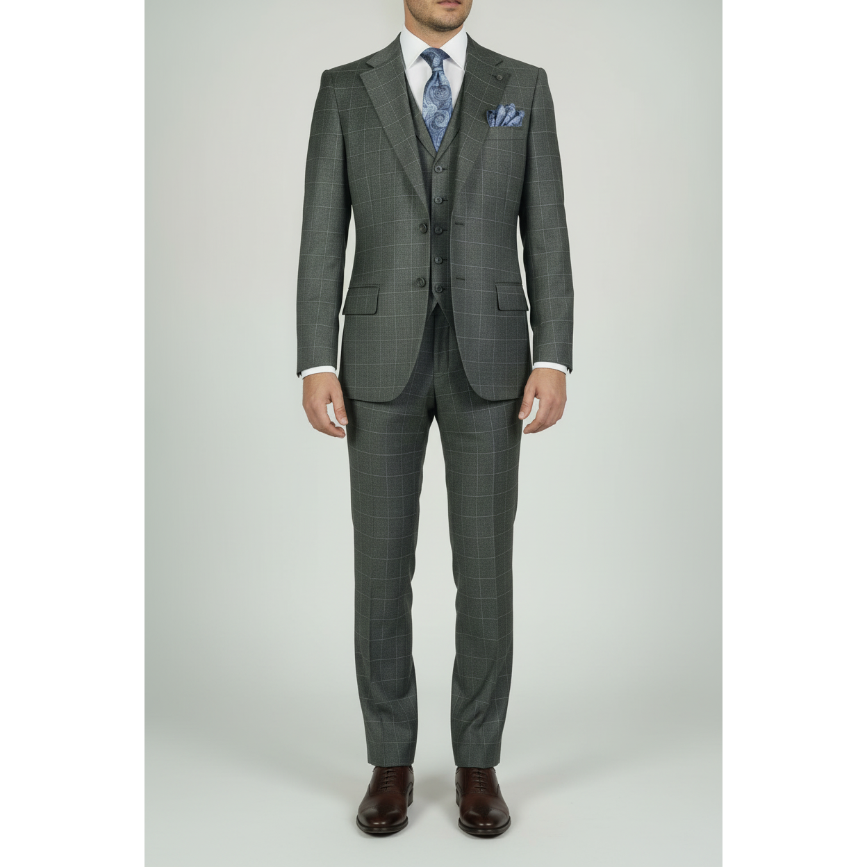 Men Apollo King 3pc Classic Suit A303 Gray white window pane 100% Wool