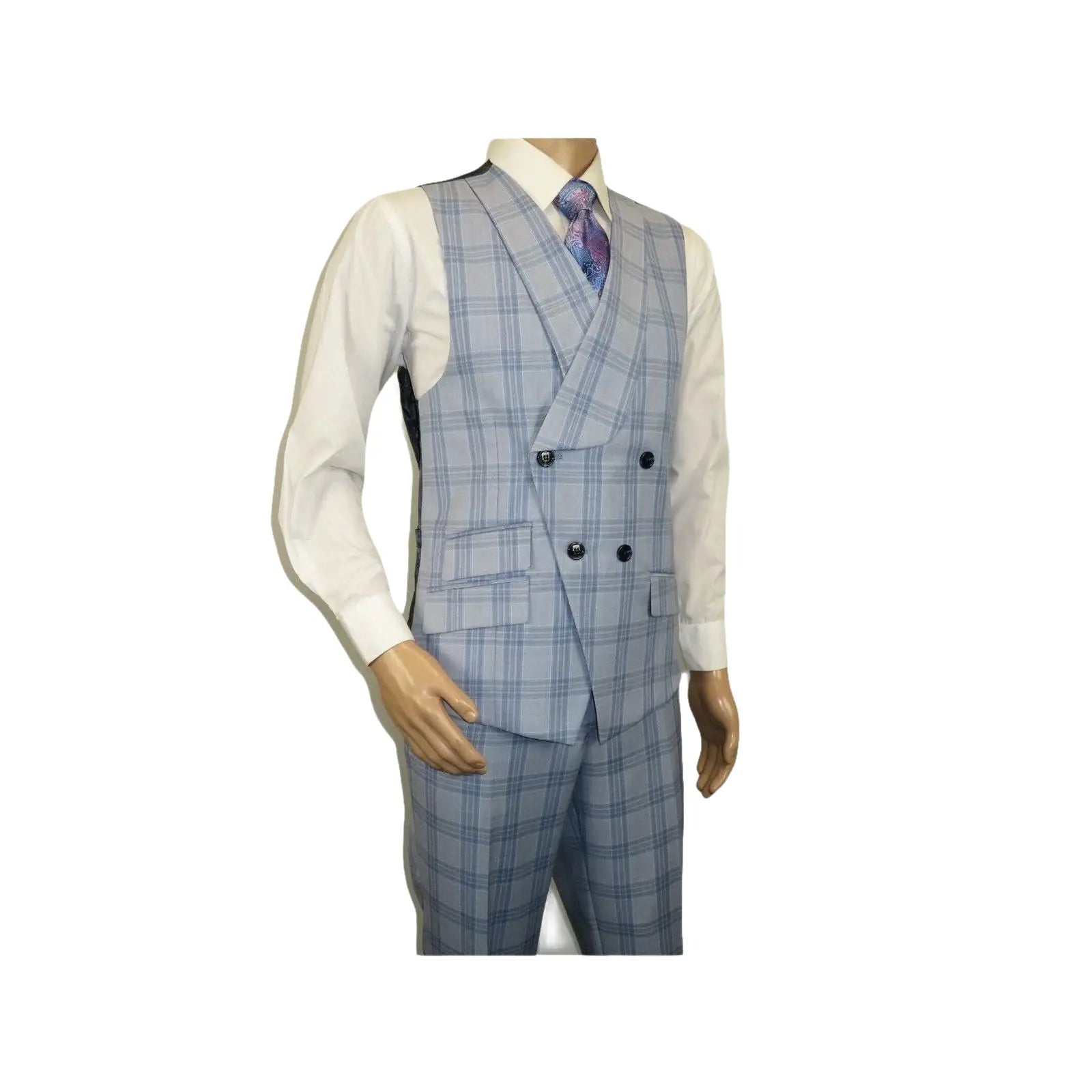 Men Apollo King 3pc Suit Window Pane Plaid 100% Soft Wool Super 150 #985 - 12 Blue - J.Valintin Men's Wear Legend - 99457