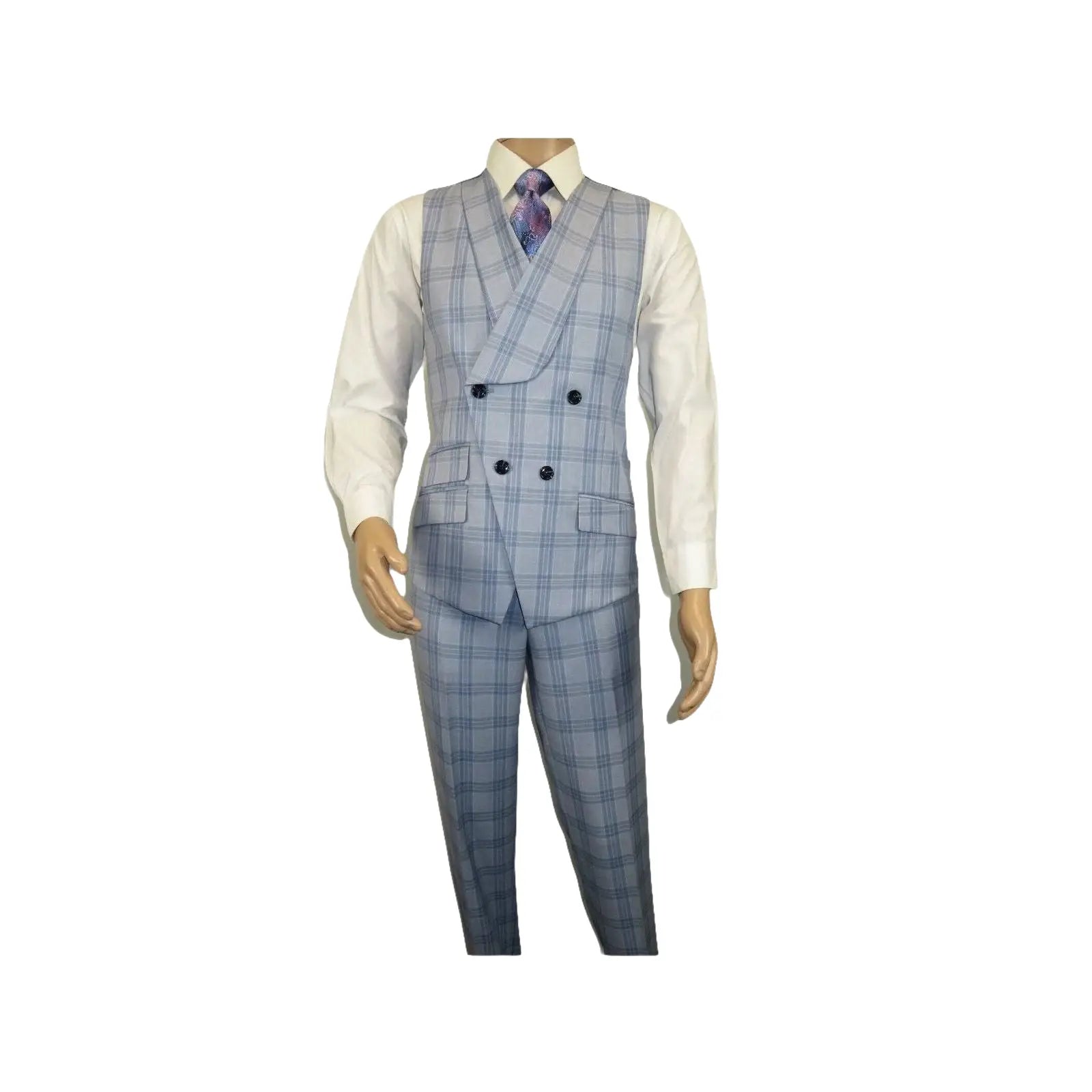 Men Apollo King 3pc Suit Window Pane Plaid 100% Soft Wool Super 150 #985 - 12 Blue - J.Valintin Men's Wear Legend - 99457