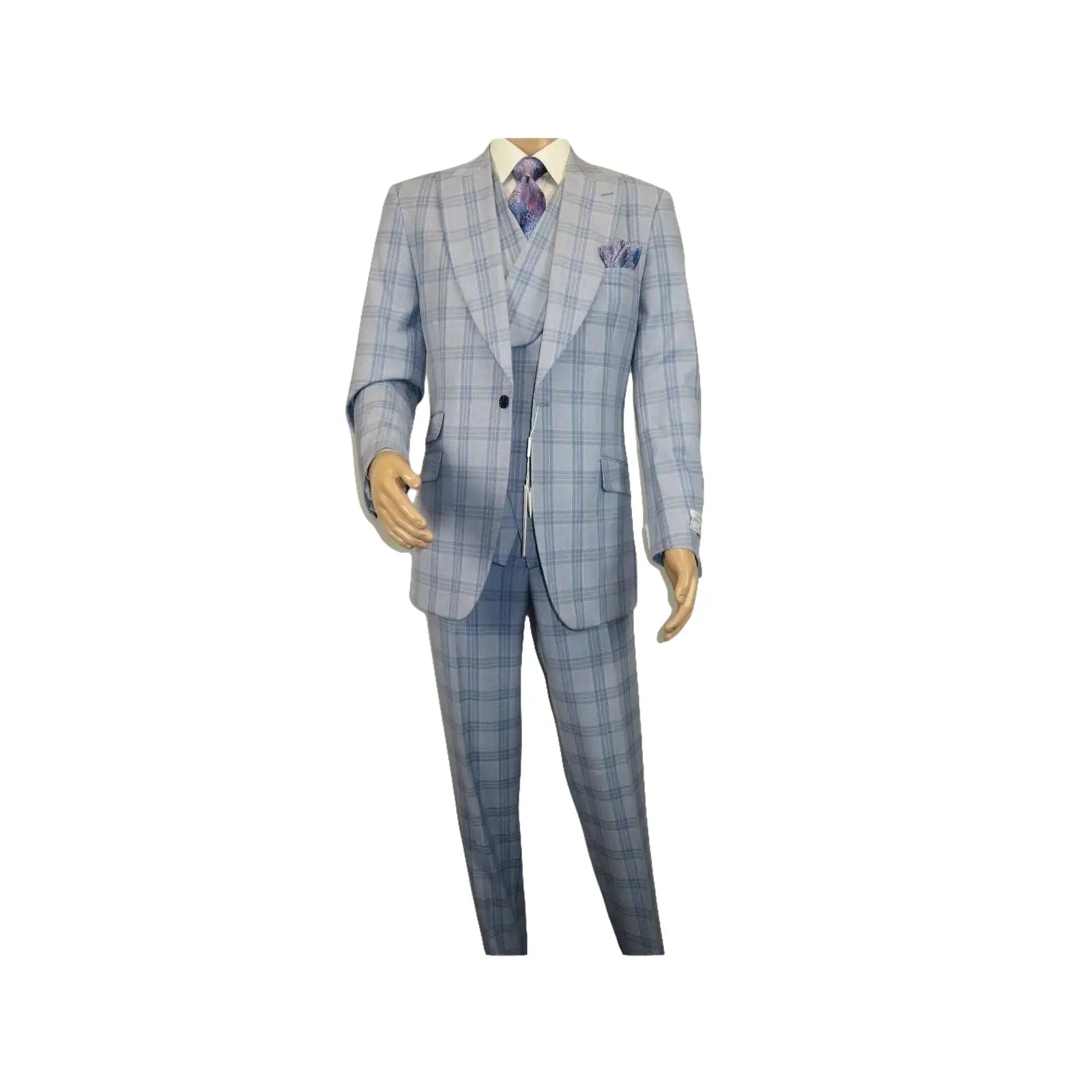 Men Apollo King 3pc Suit Window Pane Plaid 100% Soft Wool Super 150 #985 - 12 Blue - J.Valintin Men's Wear Legend - 99457