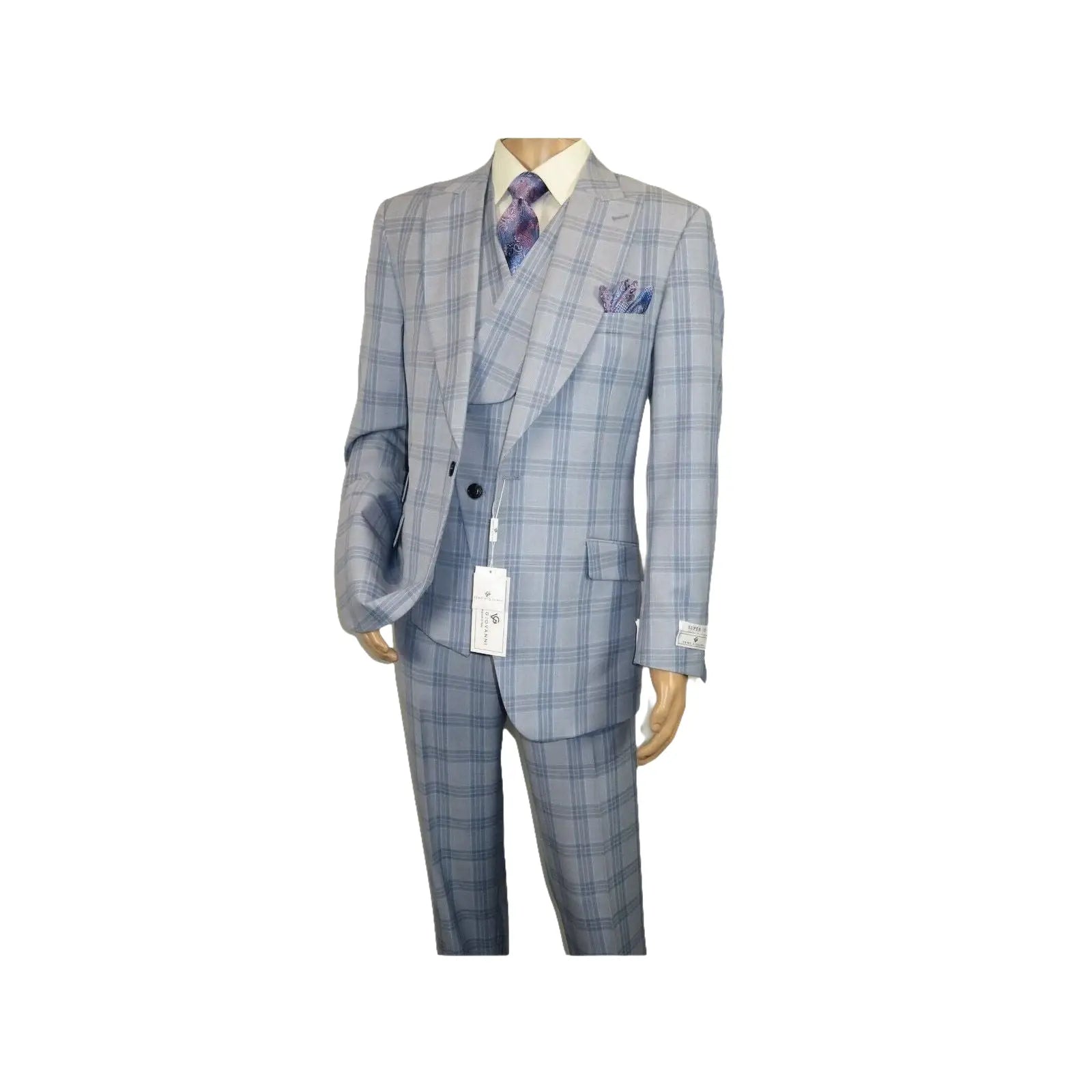 Men Apollo King 3pc Suit Window Pane Plaid 100% Soft Wool Super 150 #985 - 12 Blue - J.Valintin Men's Wear Legend - 99457
