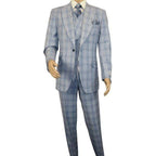 Men Apollo King 3pc Suit Window Pane Plaid 100% Soft Wool Super 150 #985 - 12 Blue - J.Valintin Men's Wear Legend - 99457