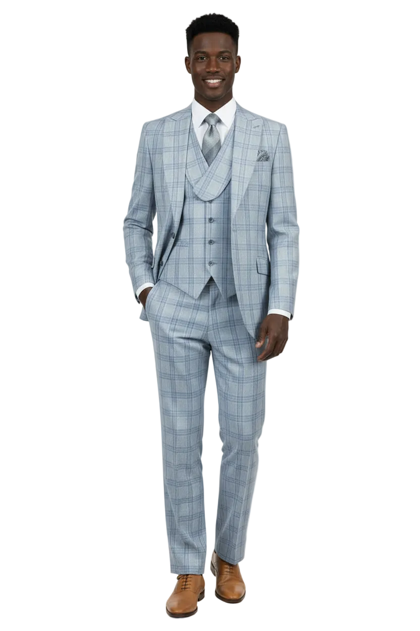 Men Apollo King 3pc Suit Window Pane Plaid 100% Soft Wool Super 150 #985-12 Blue
