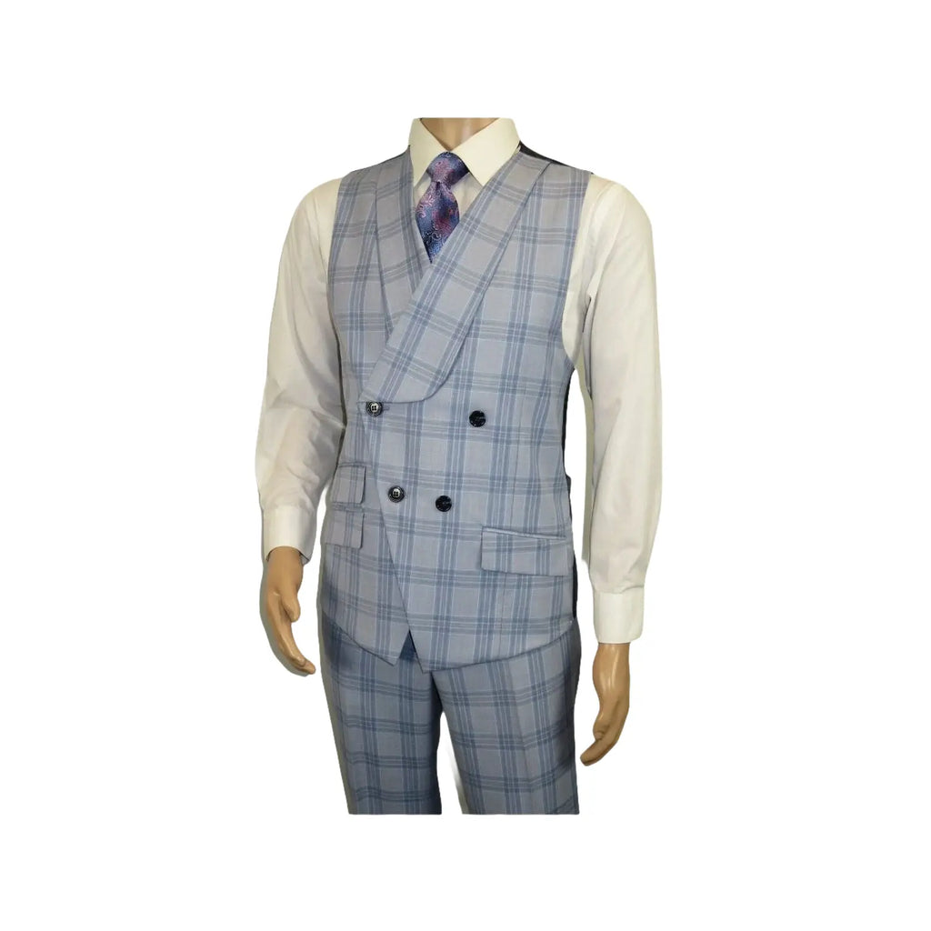Men Apollo King 3pc Suit Window Pane Plaid 100% Soft Wool Super 150 #985 - 12 Blue - J.Valintin Men's Wear Legend - 99457
