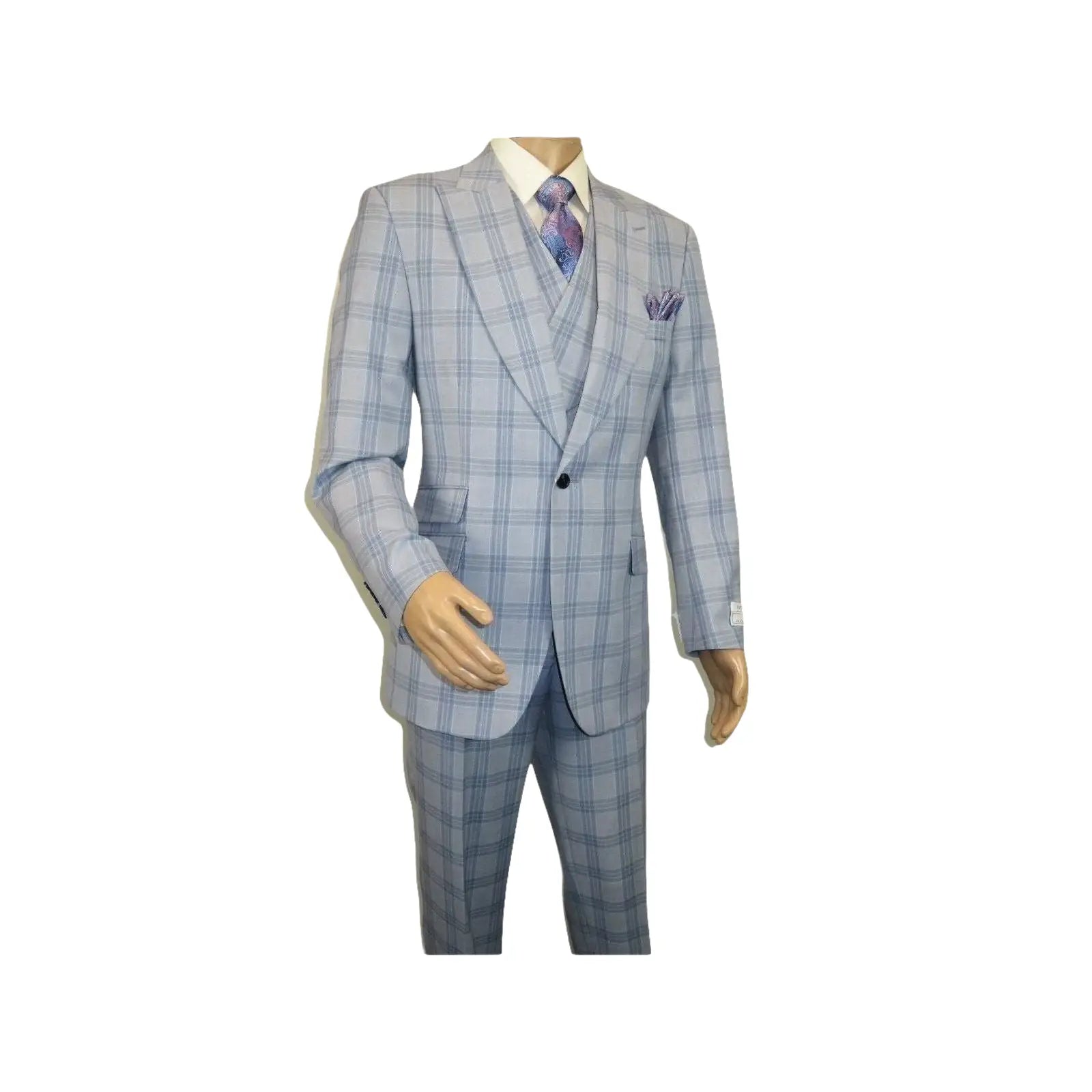 Men Apollo King 3pc Suit Window Pane Plaid 100% Soft Wool Super 150 #985 - 12 Blue - J.Valintin Men's Wear Legend - 99457