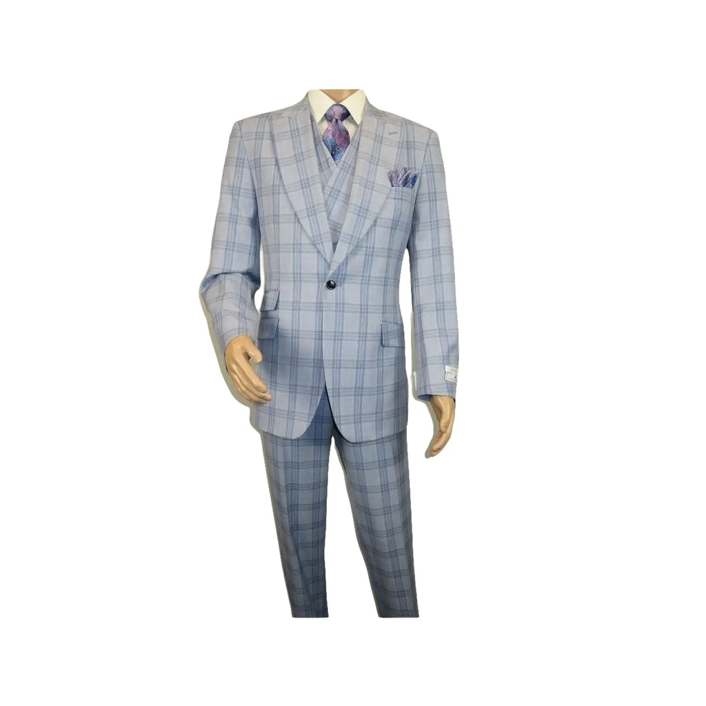 Men Apollo King 3pc Suit Window Pane Plaid 100% Soft Wool Super 150 #985 - 12 Blue - J.Valintin Men's Wear Legend - 99457