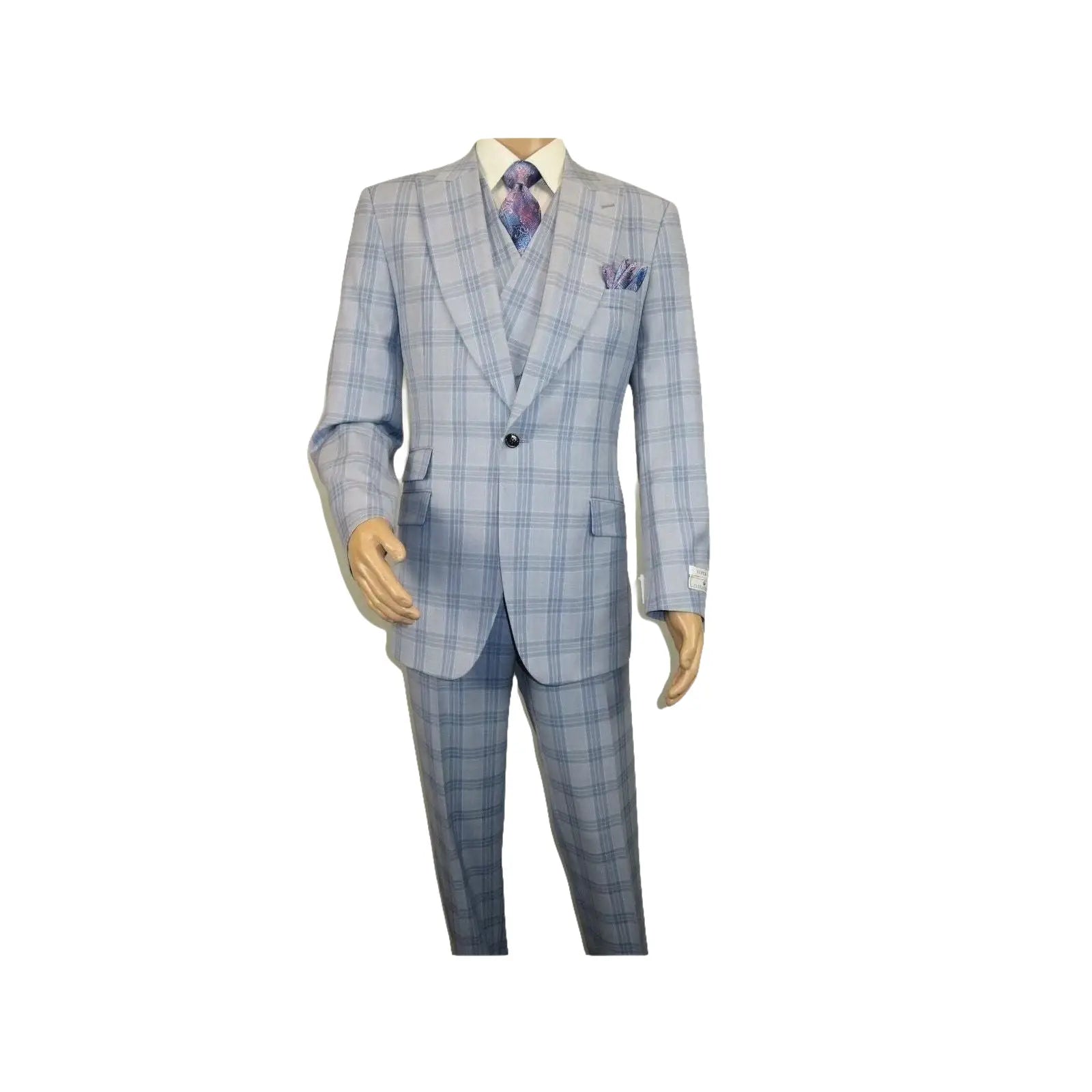 Men Apollo King 3pc Suit Window Pane Plaid 100% Soft Wool Super 150 #985 - 12 Blue - J.Valintin Men's Wear Legend - 99457