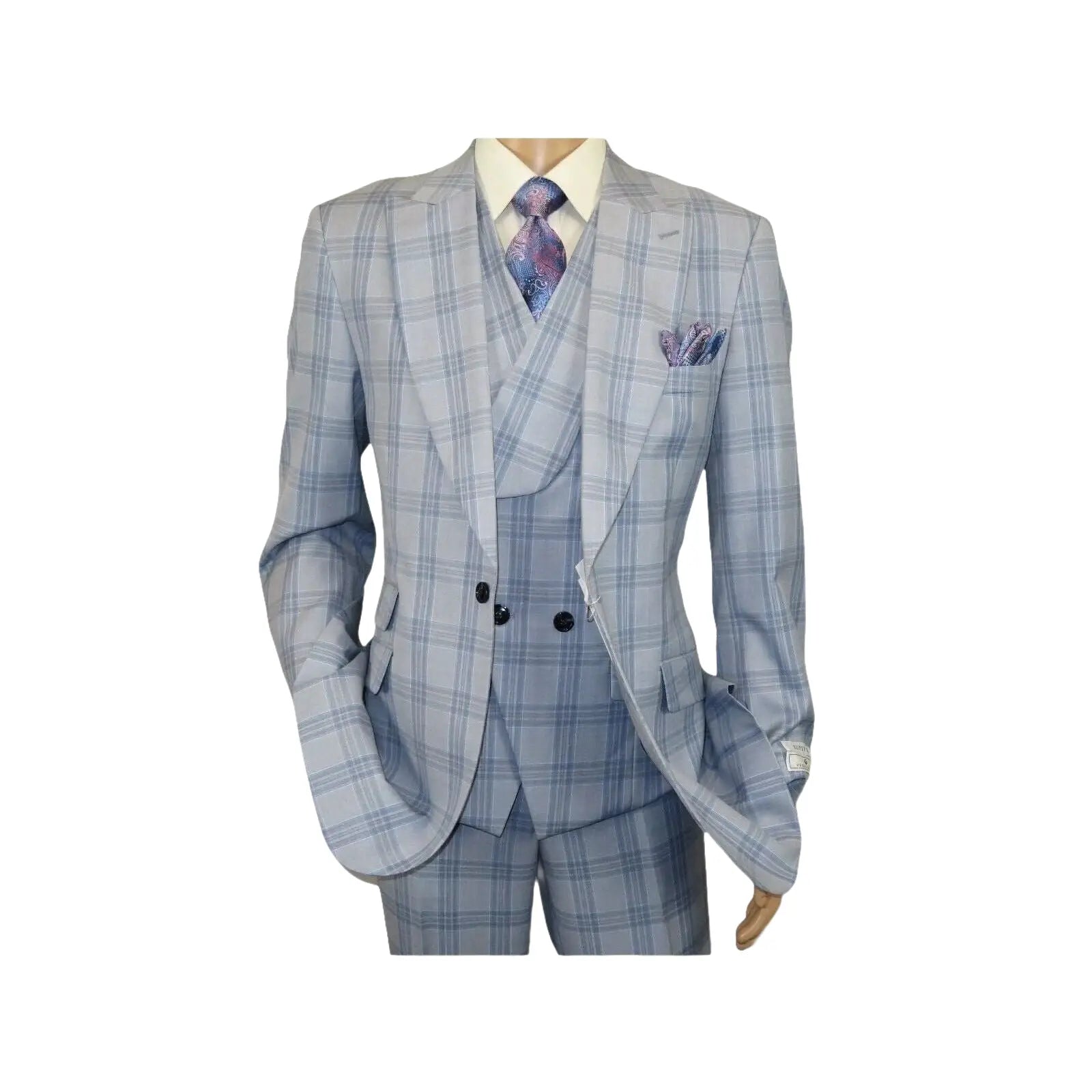 Men Apollo King 3pc Suit Window Pane Plaid 100% Soft Wool Super 150 #985 - 12 Blue - J.Valintin Men's Wear Legend - 99457