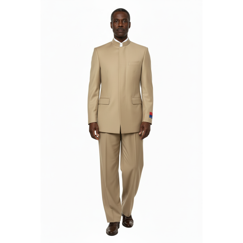 Men Apollo King Band Collarless Church Suit Mandarin 5 Hidden Buttons AG57 Tan