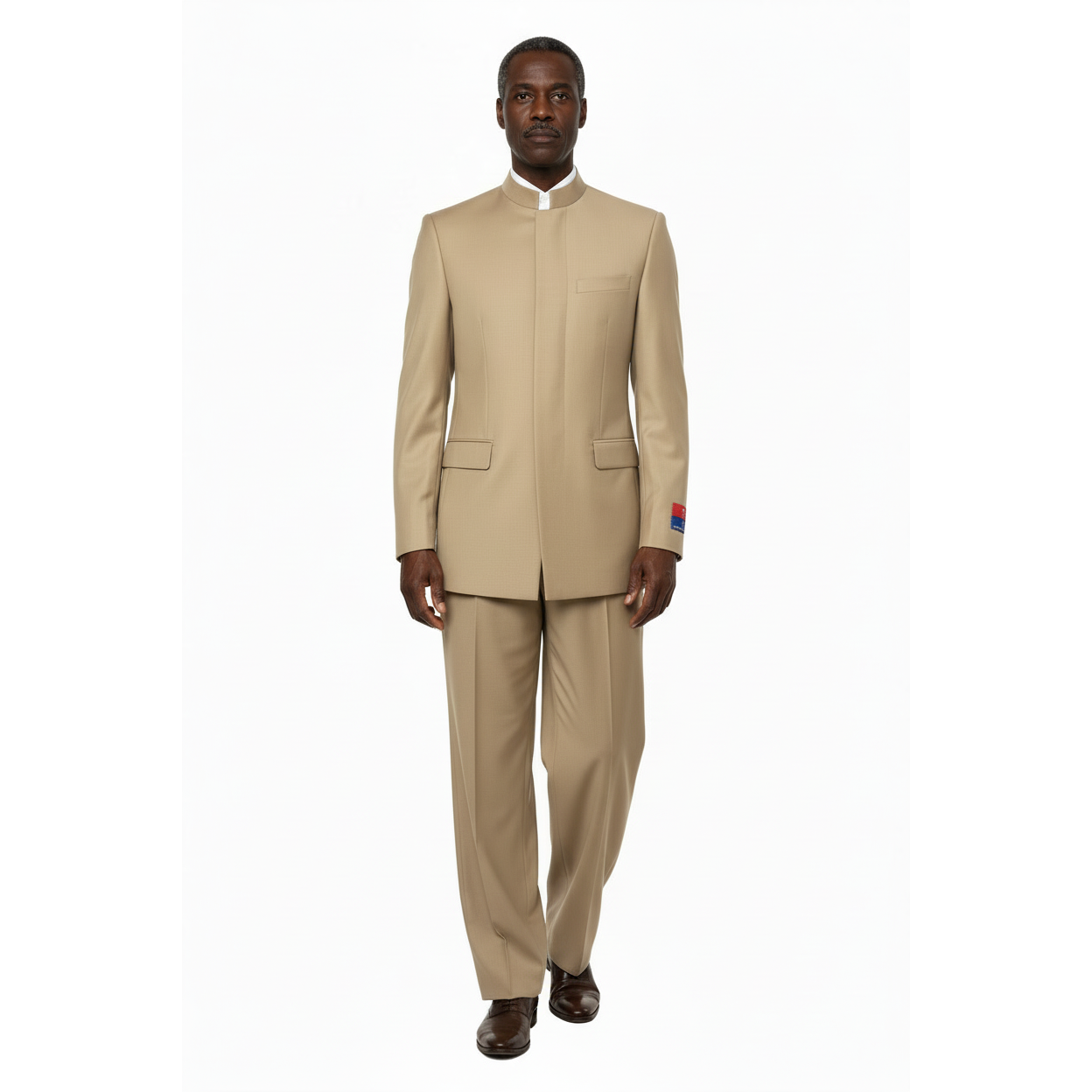 Men Apollo King Band Collarless Church Suit Mandarin 5 Hidden Buttons AG57 Tan