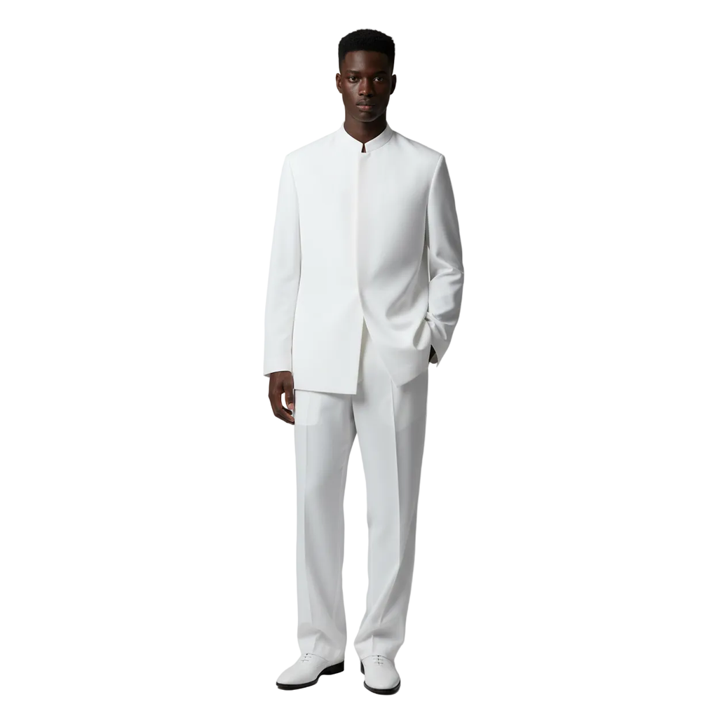 Men Apollo King Band Collarless Church Suit Mandarin 5 Hidden Buttons AG58 White