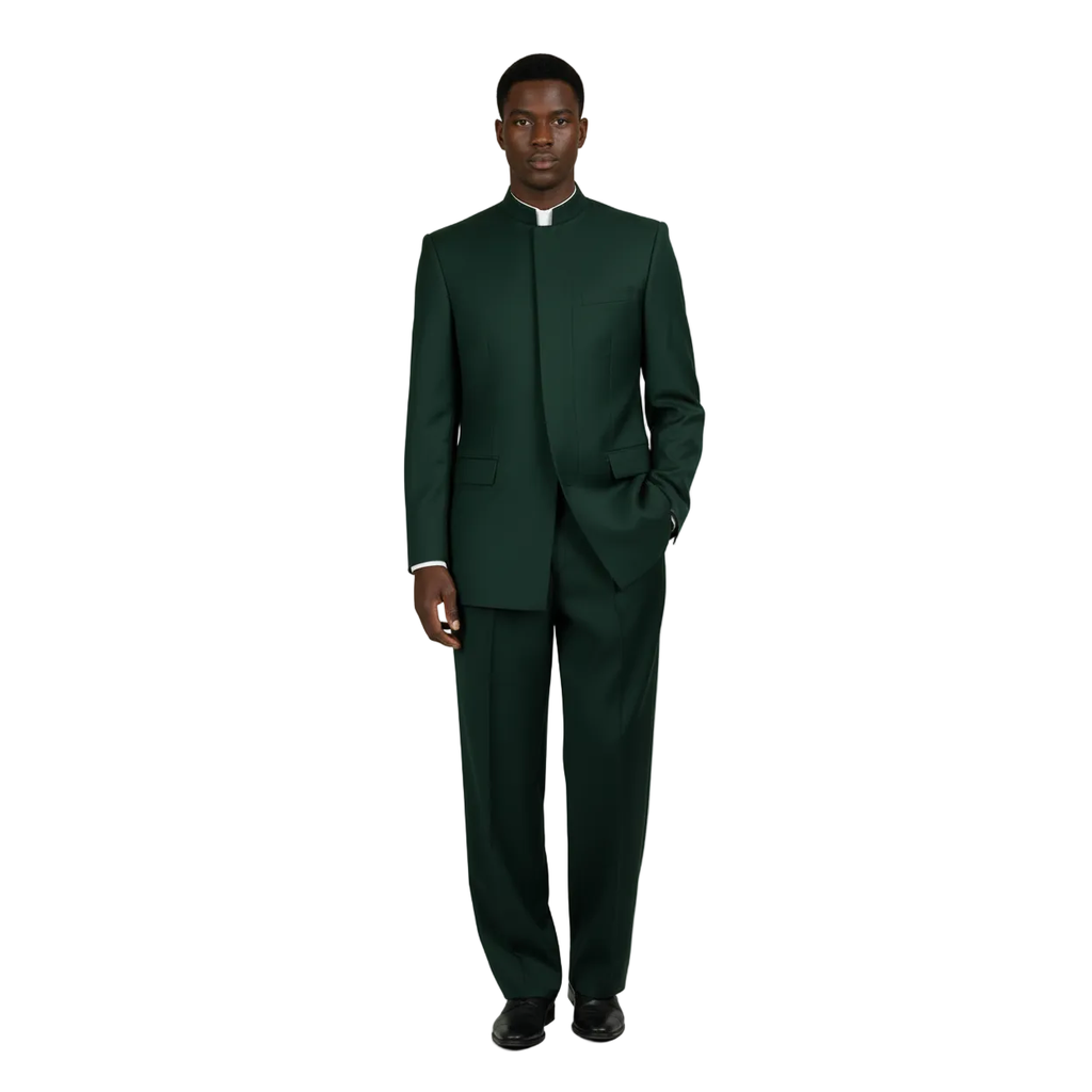 Men Apollo King Band Collarless Church Suit Mandarin 5 Hidden Buttons AG59 Green