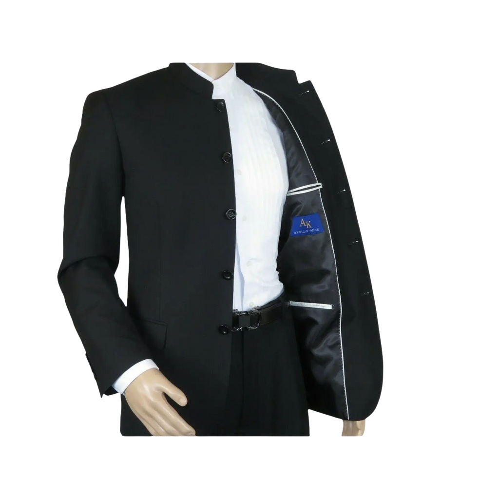 Men Apollo King Banded Collarless suit Mandarin 5 Button Wide leg M5 - 1 Black - J.Valintin Men's Wear Legend - 19643