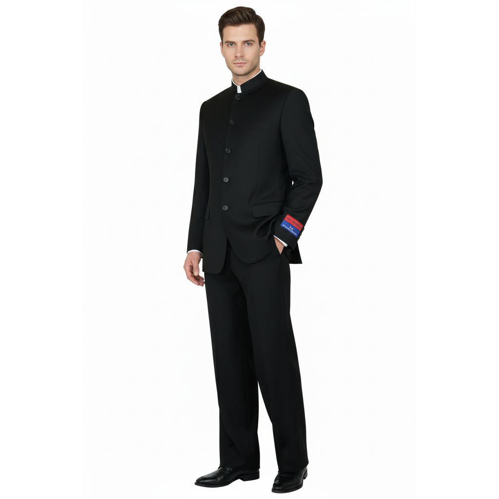 Men Apollo King Banded Collarless suit Mandarin 5 Button Wide leg M5-1 Black