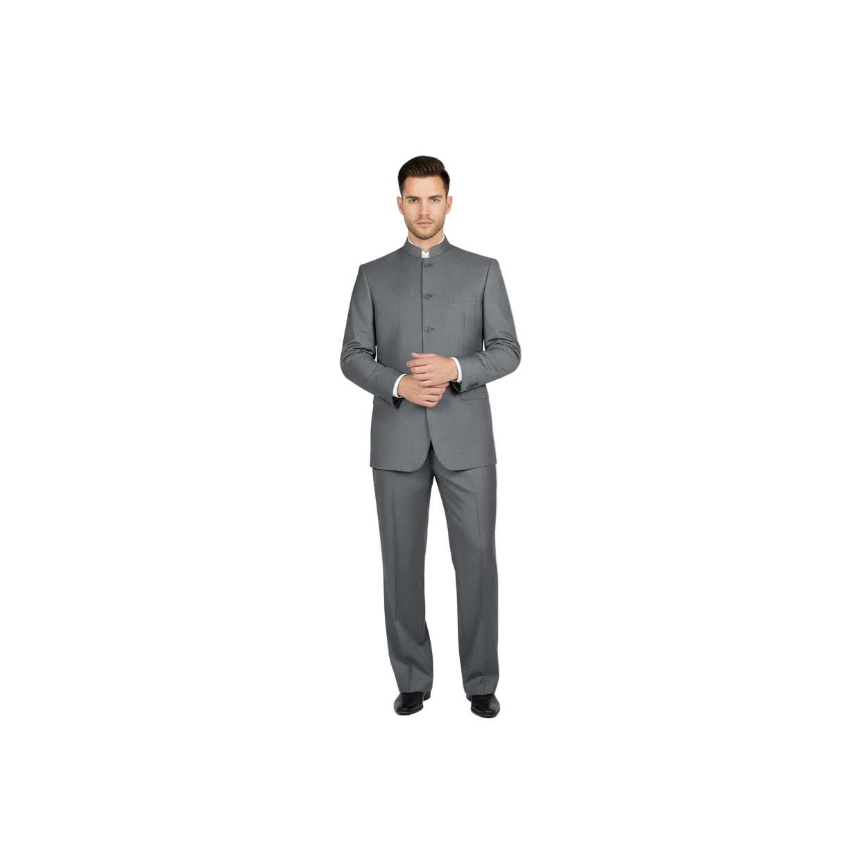 Men Apollo King Banded Collarless suit Mandarin 5 Button Wide leg M5-3 Gray New