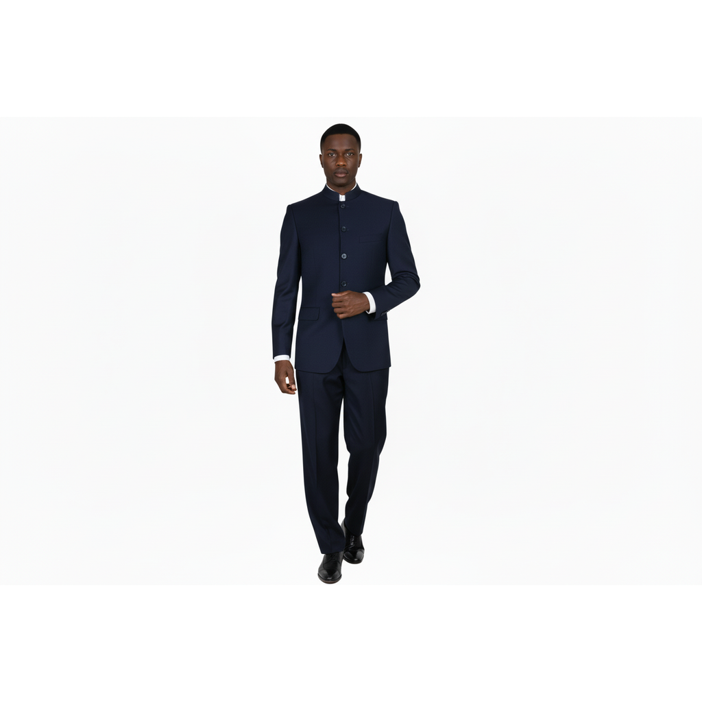 Men Apollo King Banded Collarless suit Mandarin 5 Buttons Wide leg M5-2 Navy