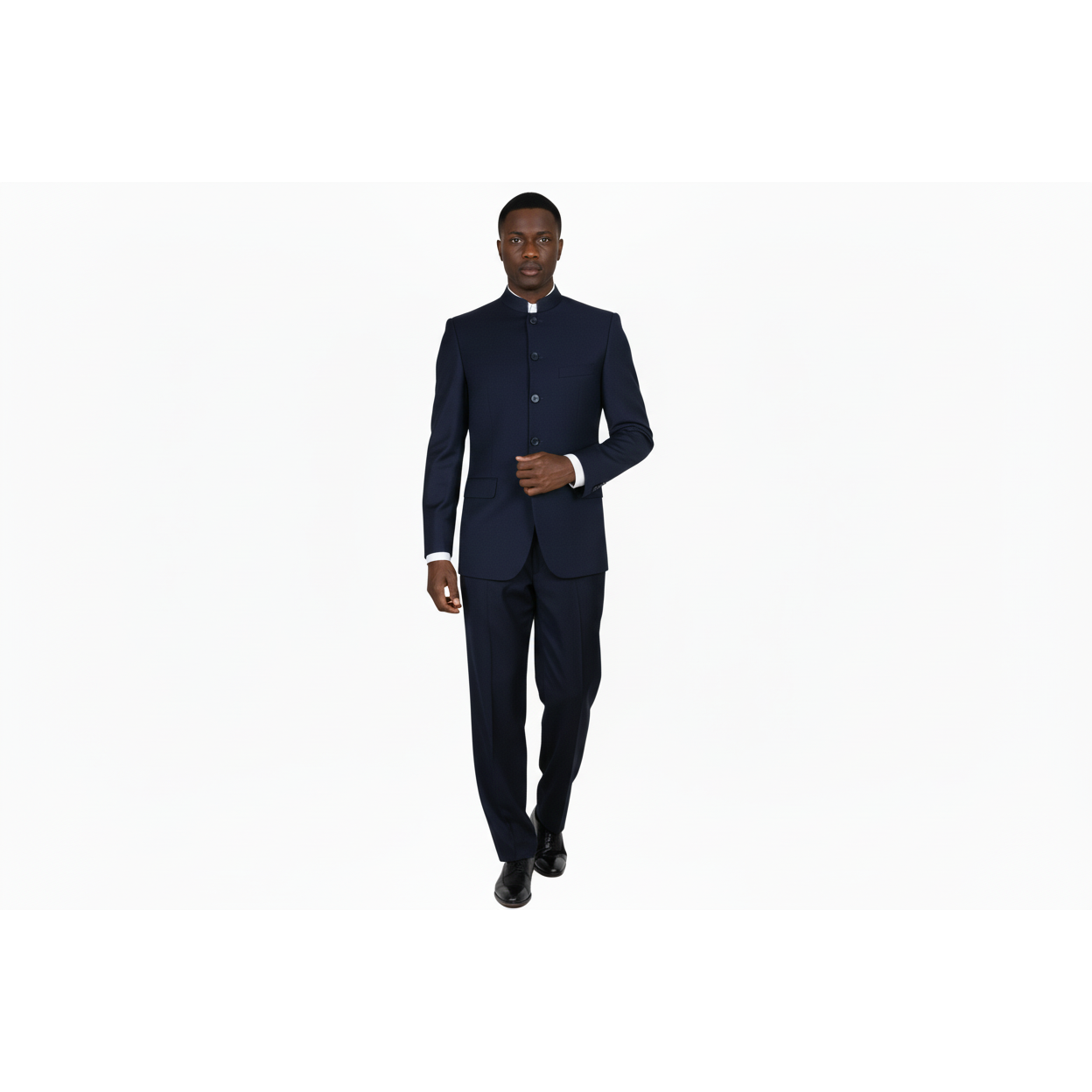 Men Apollo King Banded Collarless suit Mandarin 5 Buttons Wide leg M5-2 Navy