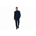 Men Apollo King Banded Collarless suit Mandarin 5 Hidden Button Panel AG52 Navy - J.Valintin Men's Wear Legend - 21764