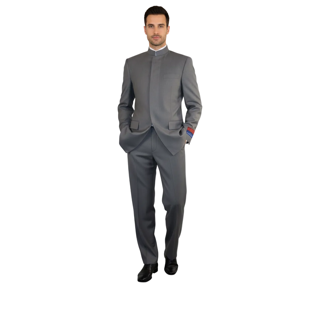 Men Apollo King Banded Collarless suit Mandarin 5 Hidden Button Pastor AG53 Gray