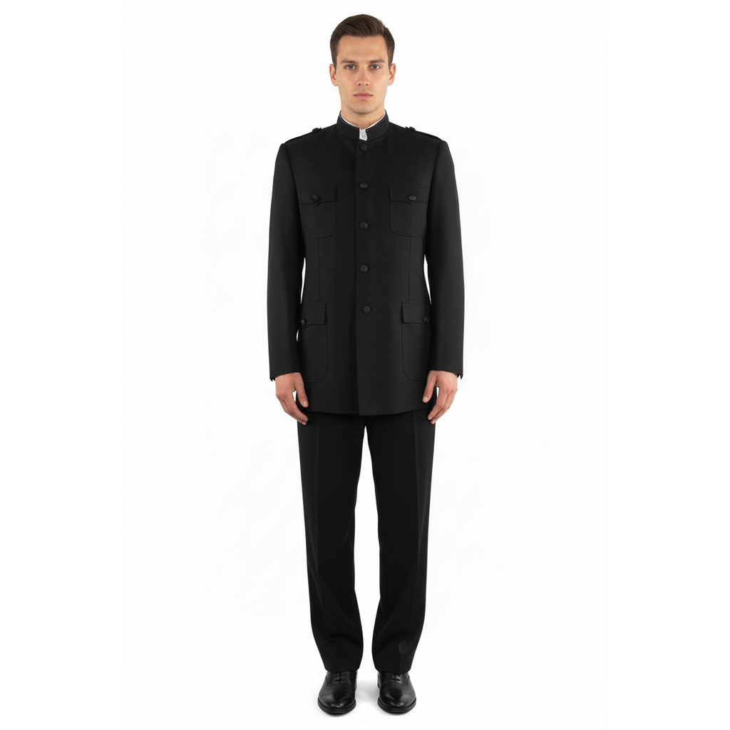 Men Apollo King Banded Collarless suit Mandarin Military Style 5 button K1 Black