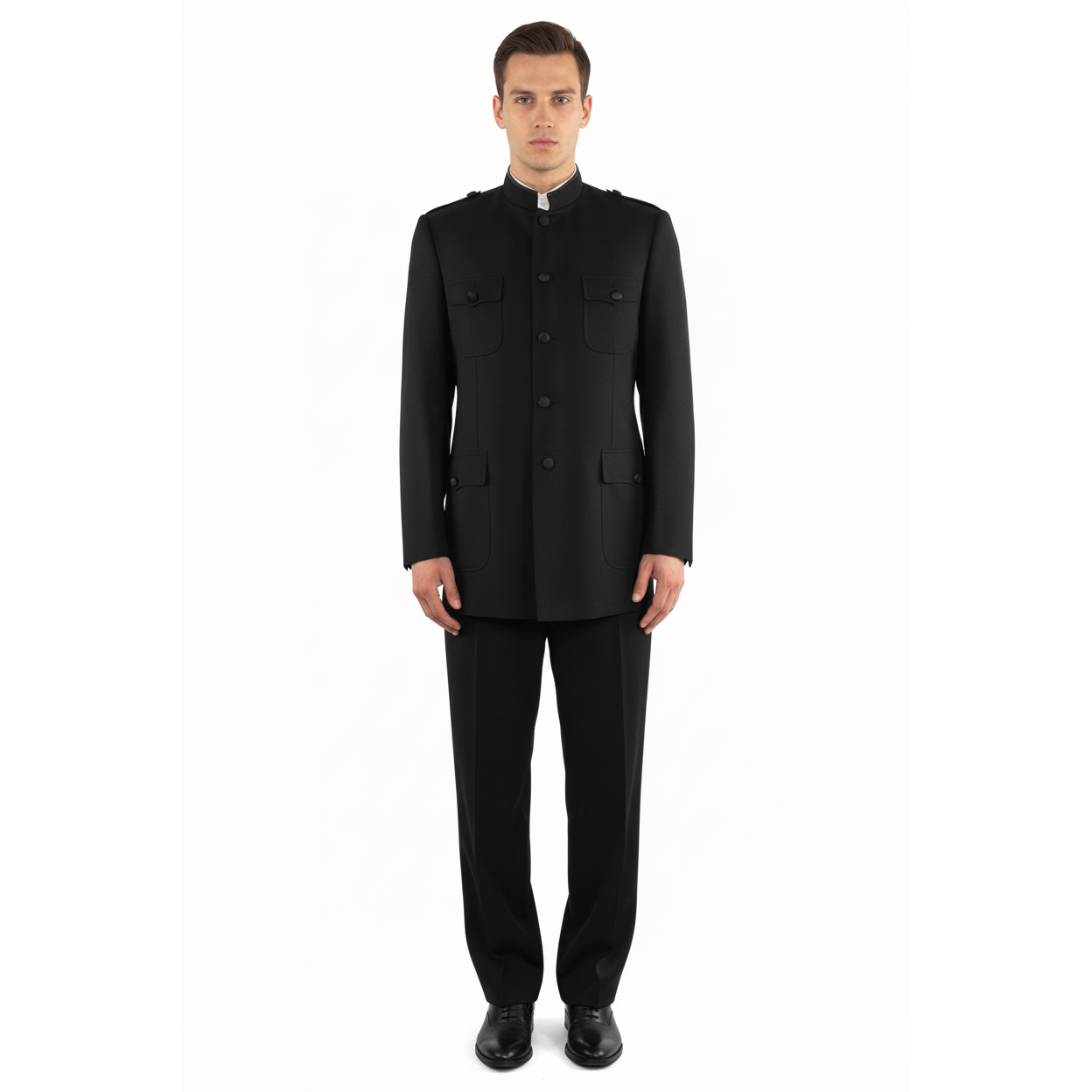 Men Apollo King Banded Collarless suit Mandarin Military Style 5 button K1 Black
