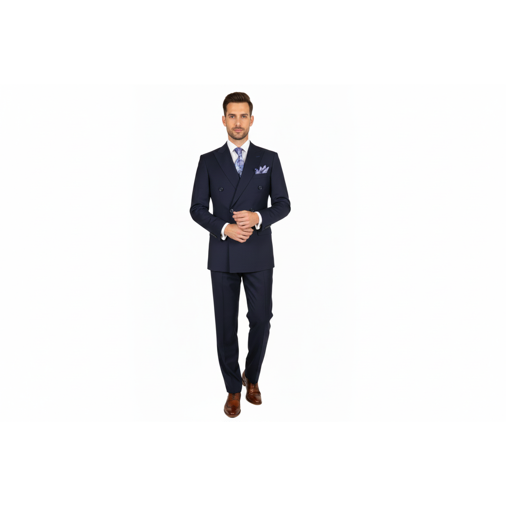 Men Apollo King Double Breasted Suit Classic Peak Lapel Pleated DM22 Navy Blue