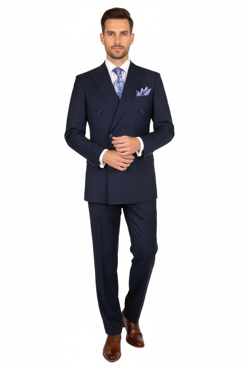 Men Apollo King Double Breasted Suit Classic Peak Lapel Pleated DM22 Navy Blue