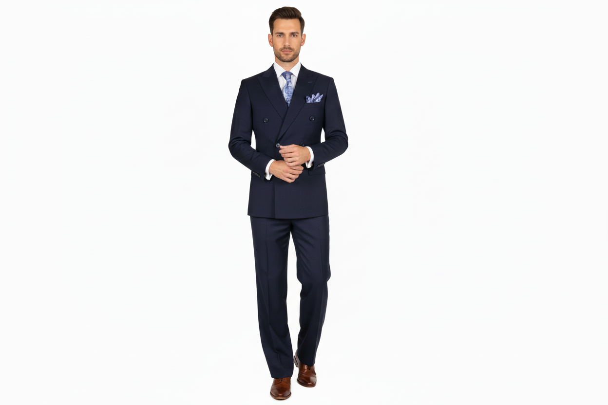 Men Apollo King Double Breasted Suit Classic Peak Lapel Pleated DM22 Navy Blue
