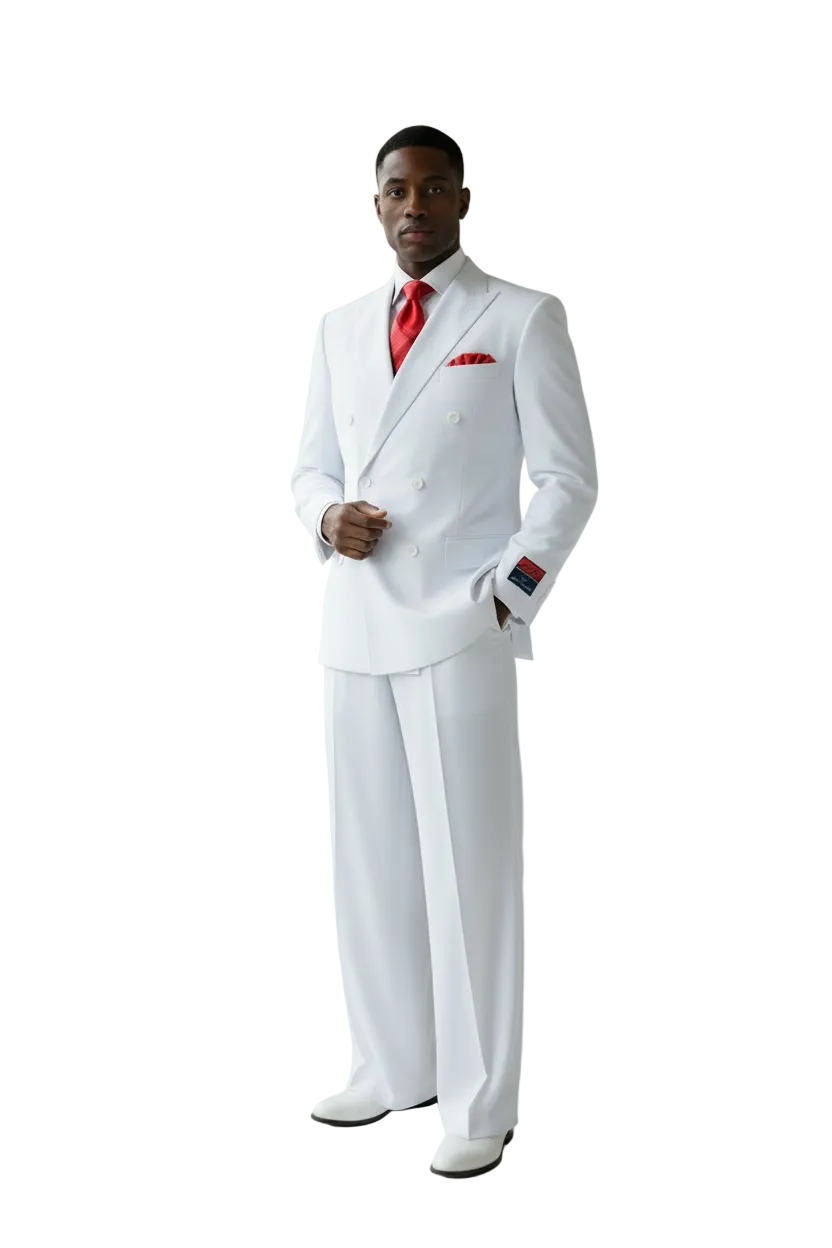 Men Apollo King Double Breasted Suit Classic Peak Lapel Pleated DM26 White
