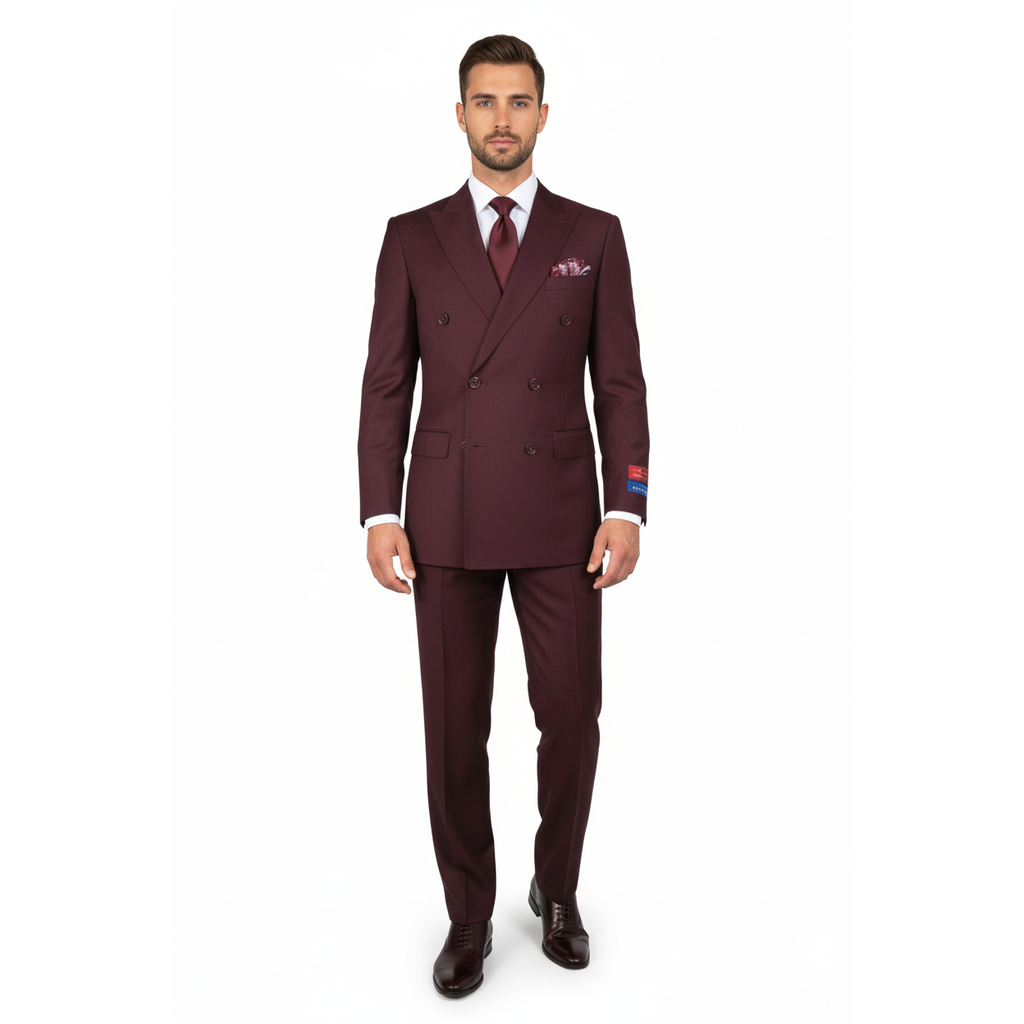 Men Apollo King Double Breasted Suit Classic Peak Lapel Pleated DM29 Burgundy
