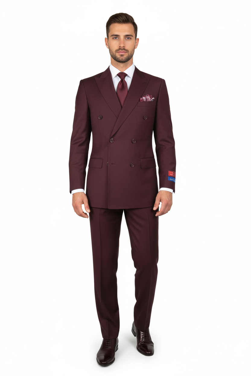 Men Apollo King Double Breasted Suit Classic Peak Lapel Pleated DM29 Burgundy