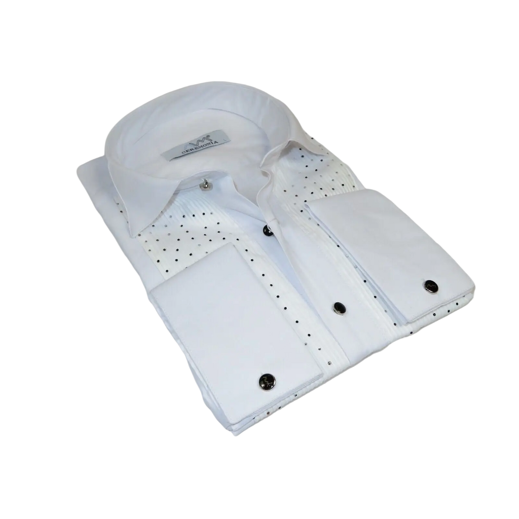 Men CEREMONIA Tuxedo Shirt Rhinestone Cotton Turkey #Milano 13 White Wing Tip - J.Valintin Men's Wear Legend - 101151