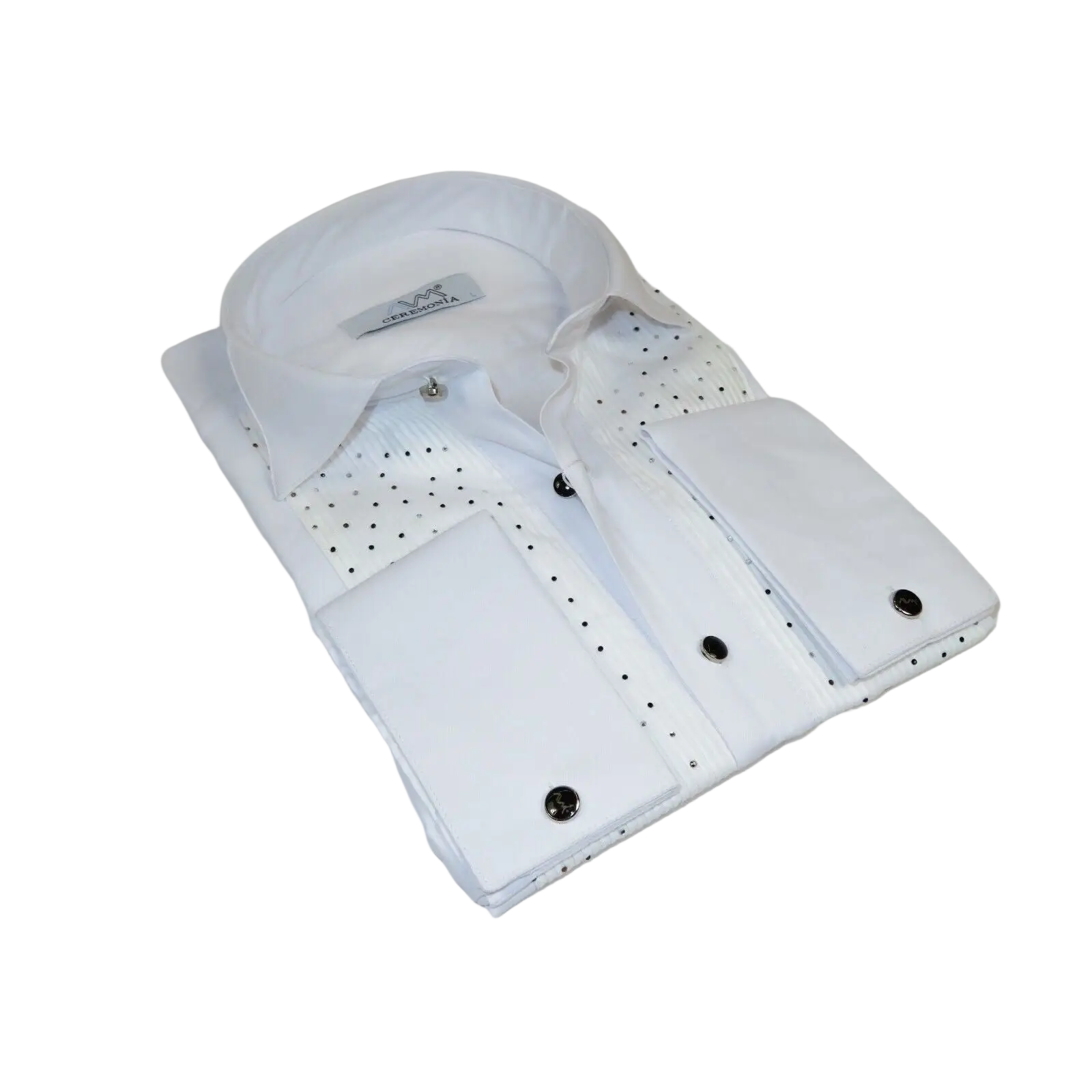 Men CEREMONIA Tuxedo Shirt Rhinestone Cotton Turkey #Milano 13 White Wing Tip - J.Valintin Men's Wear Legend - 101151