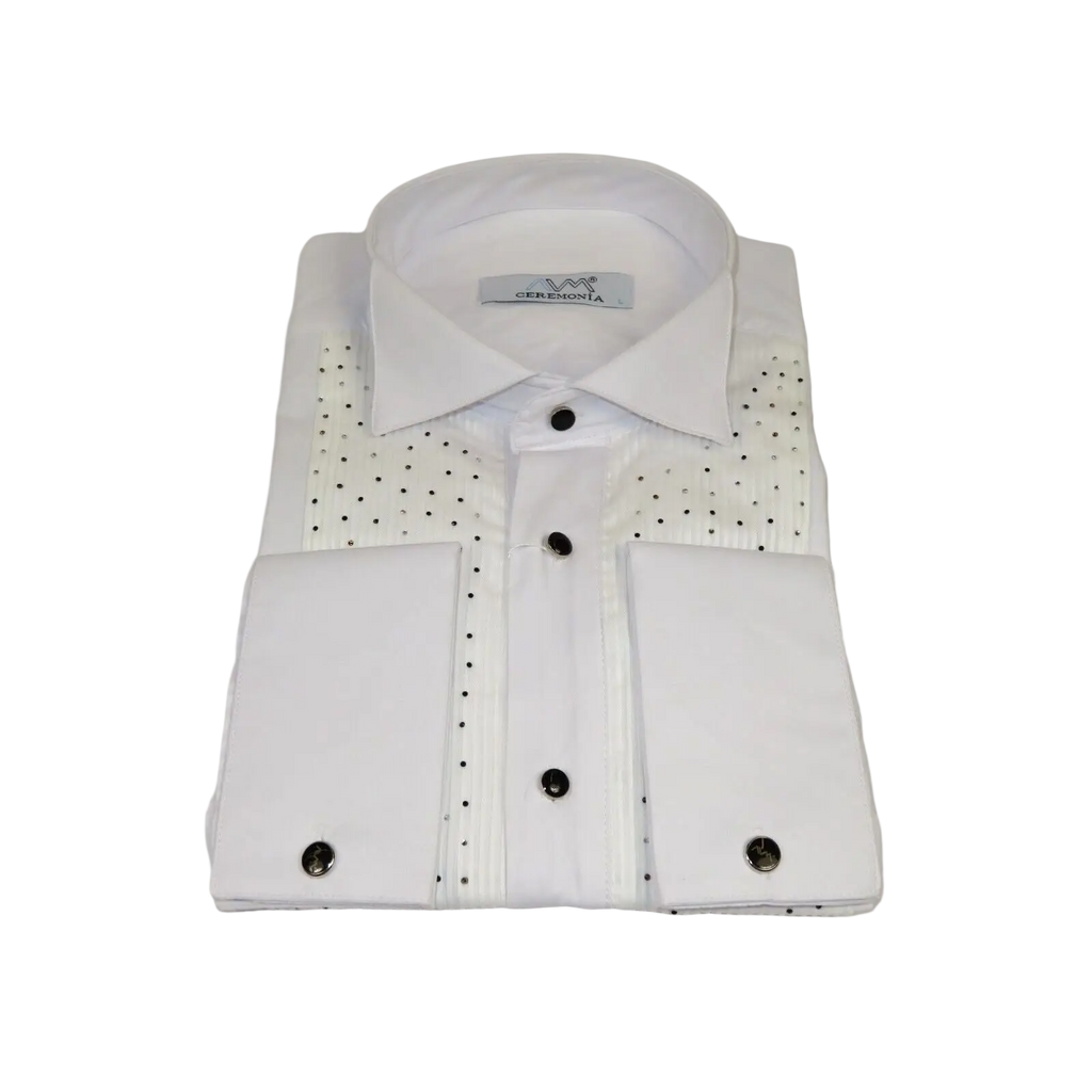 Men CEREMONIA Tuxedo Shirt Rhinestone Cotton Turkey #Milano 13 White Wing Tip - J.Valintin Men's Wear Legend - 101151