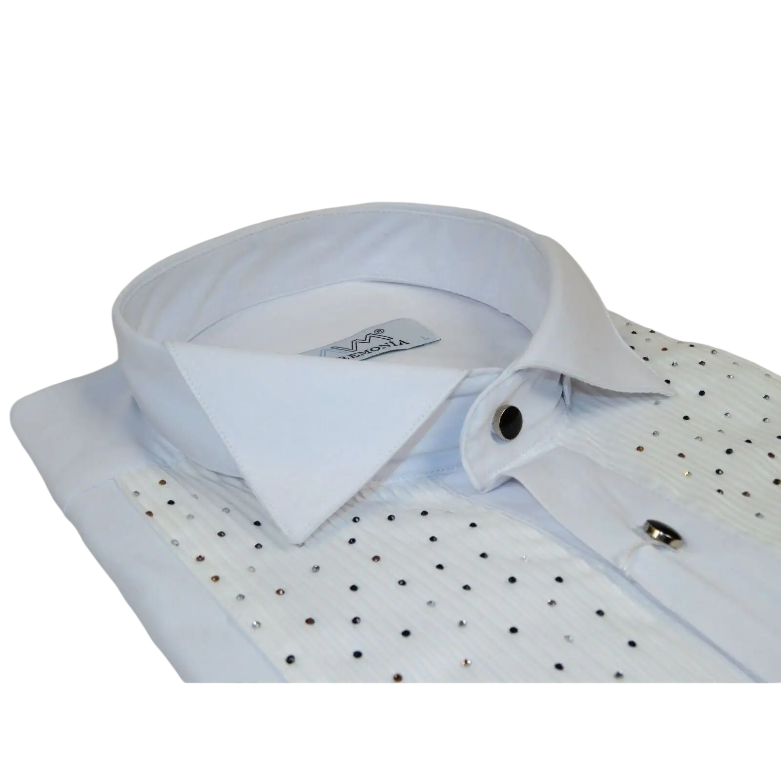 Men CEREMONIA Tuxedo Shirt Rhinestone Cotton Turkey #Milano 13 White Wing Tip - J.Valintin Men's Wear Legend - 101151