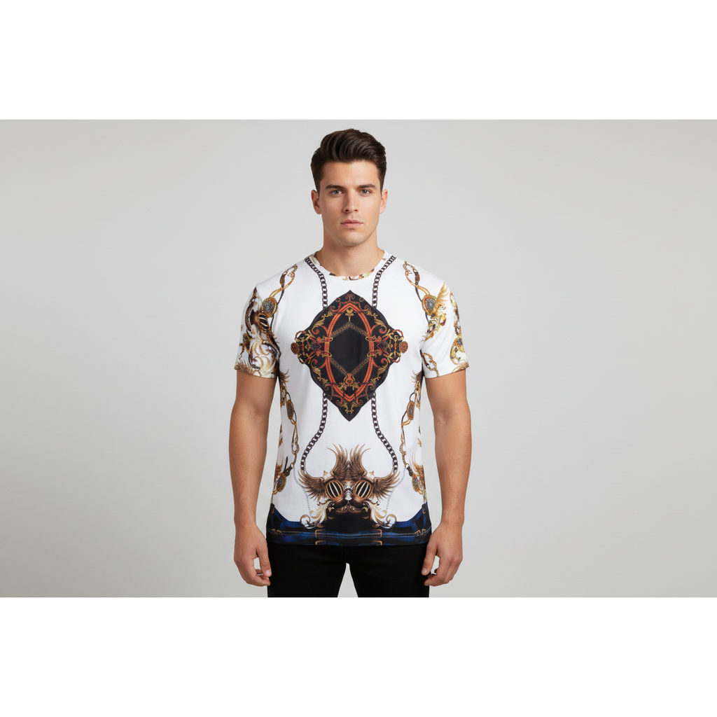Men Crew T Shirt Makrom Turkey Medallion Chain Floral European 1217-420 White