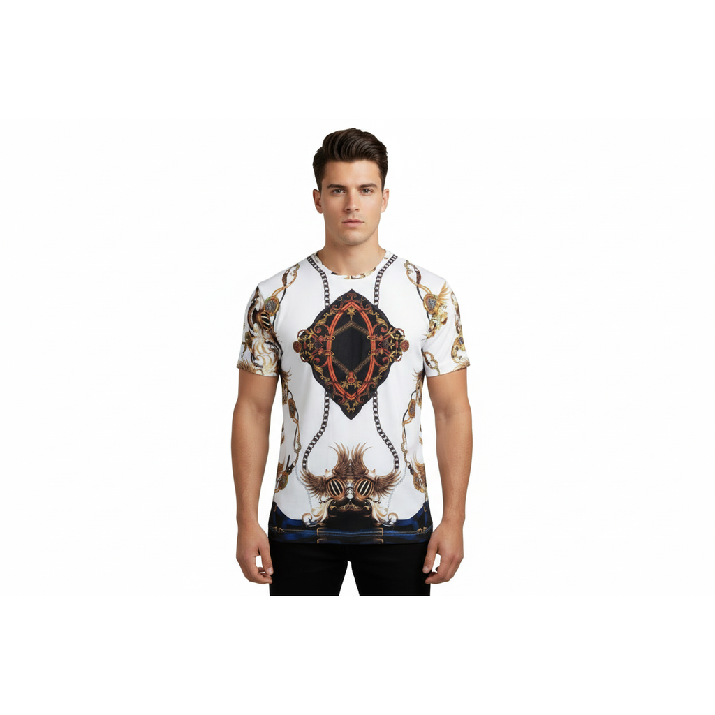 Men Crew T Shirt Makrom Turkey Medallion Chain Floral European 1217-420 White