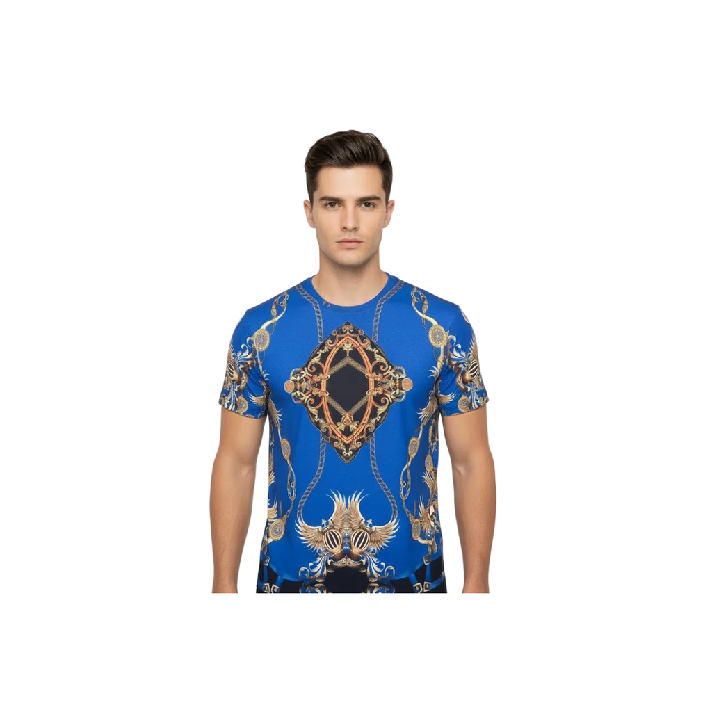 Men Crew T Shirt Makrom Turkey Medallion Chain Floral European 1217-421 Blue new