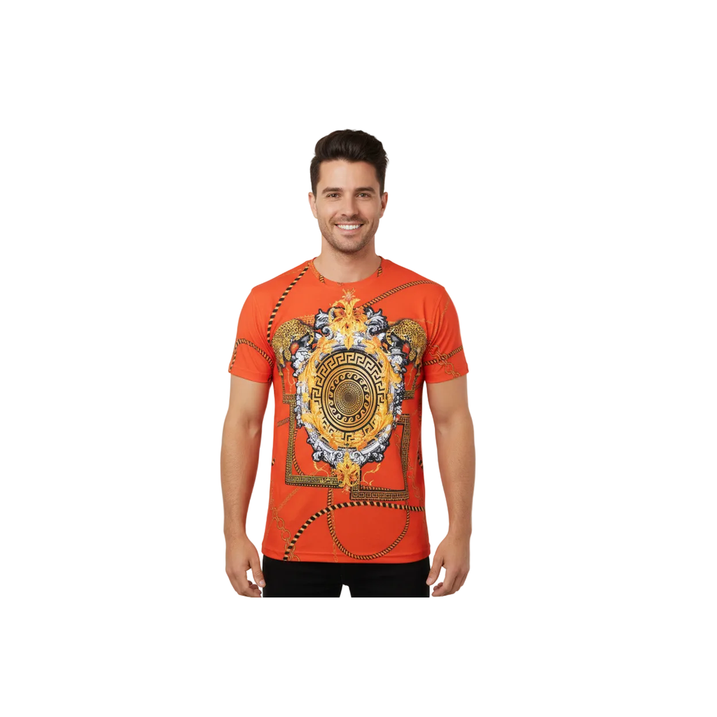 Men Crew T Shirt Makrom Turkey Medallion medusa Lion Floral 1231-426 red Gold