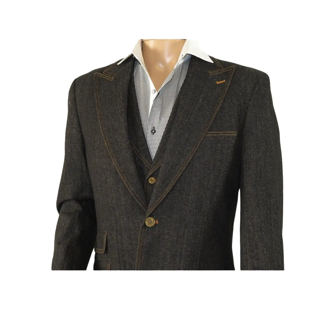 Men Denim Suit Royal Diamond 3 Piece vested Wide Leg Pleated Pants Den2 black - J.Valintin Men's Wear Legend - 14608