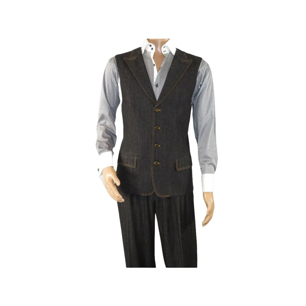 Men Denim Suit Royal Diamond 3 Piece vested Wide Leg Pleated Pants Den2 black - J.Valintin Men's Wear Legend - 14608