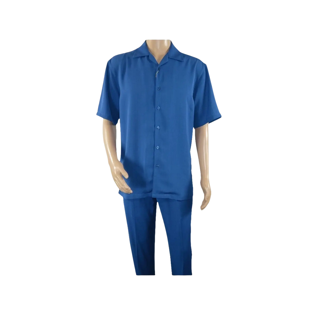 Men INSERCH 2pc Walking Leisure Suit Shirt Pants Set Short Sleeves 9356 Blue - J.Valintin Men's Wear Legend - 94152