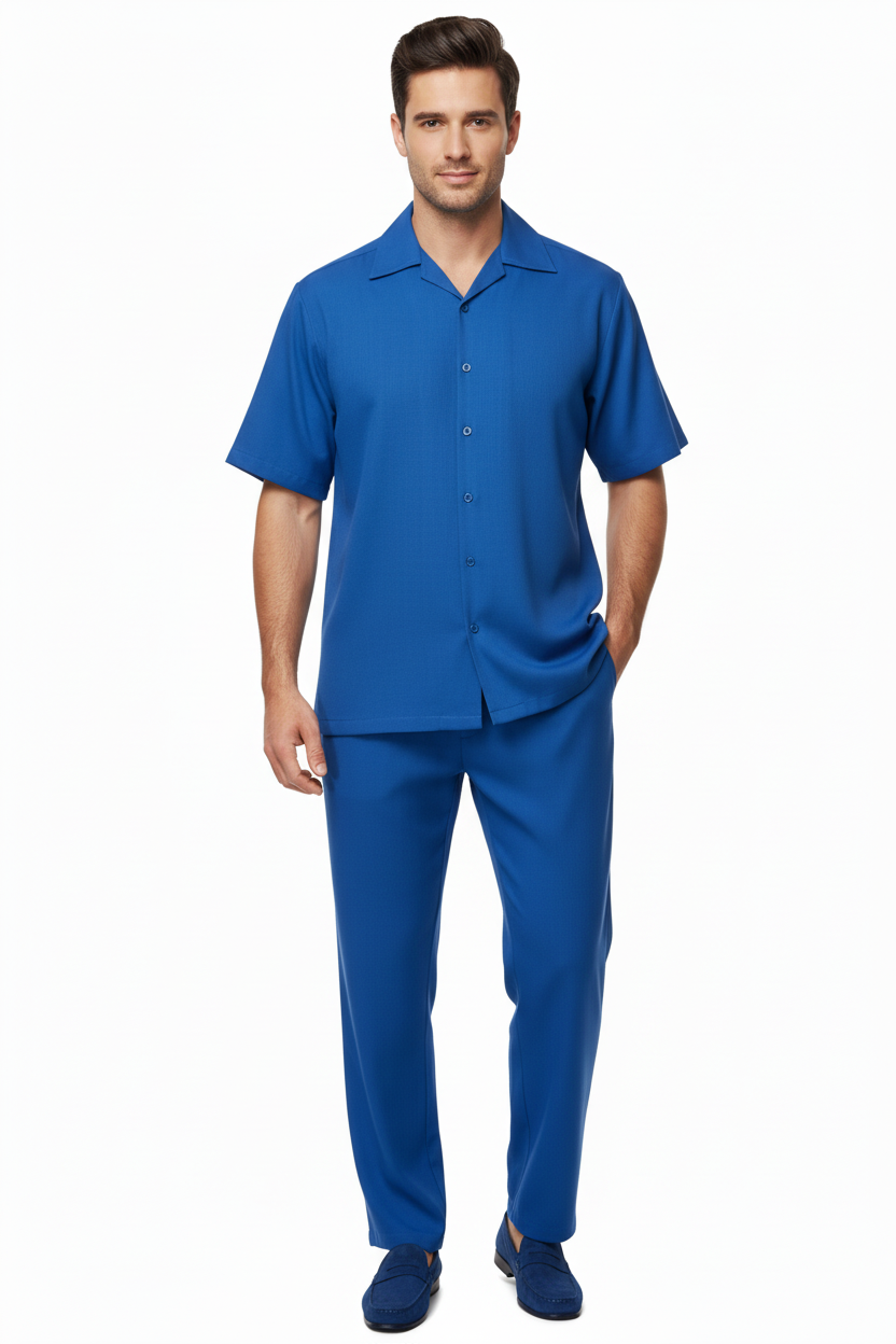 Men INSERCH 2pc Walking Leisure Suit Shirt Pants Set Short Sleeves 9356 Blue