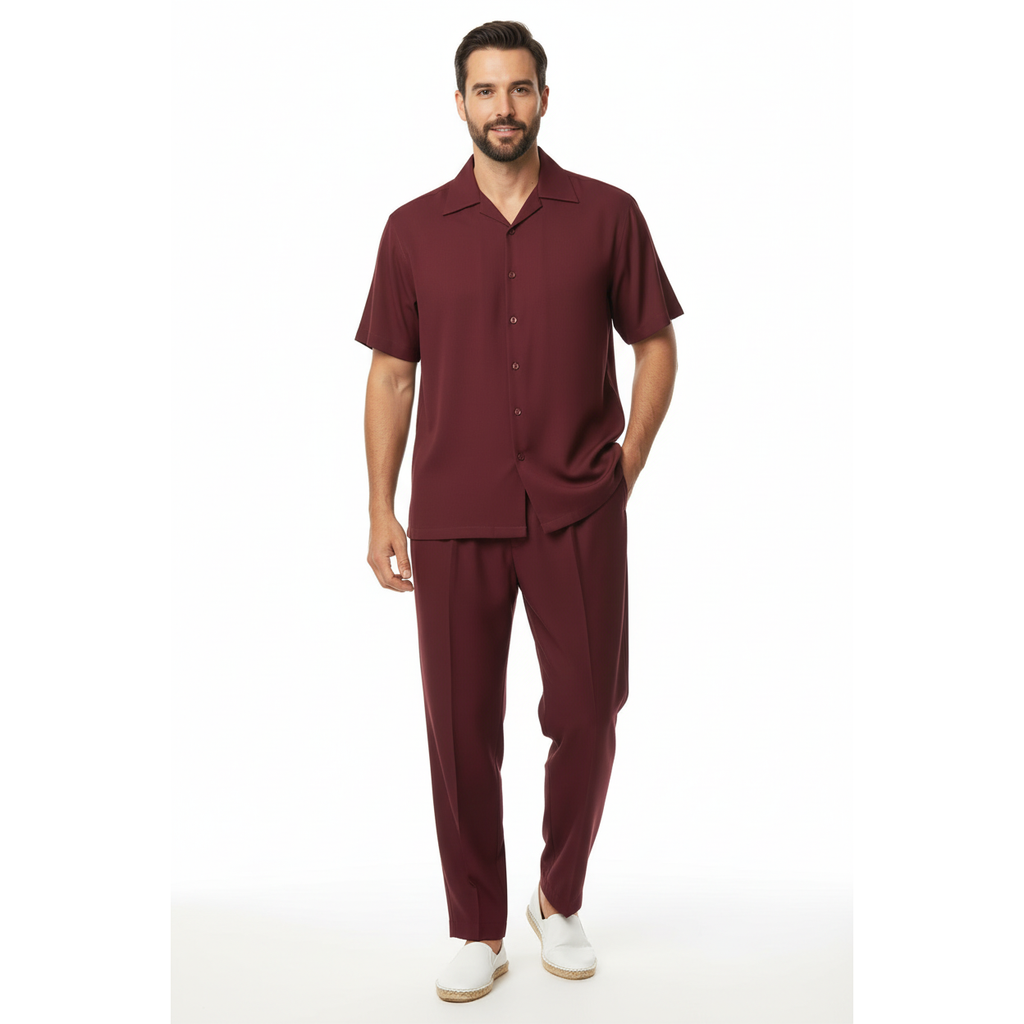 Men INSERCH 2pc Walking Leisure Suit Shirt Pants Set Short Sleeves 9356 Burgundy