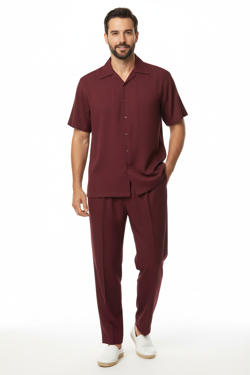 Men INSERCH 2pc Walking Leisure Suit Shirt Pants Set Short Sleeves 9356 Burgundy
