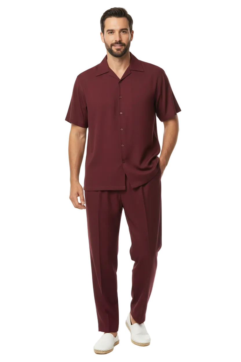 Men INSERCH 2pc Walking Leisure Suit Shirt Pants Set Short Sleeves 9356 Burgundy
