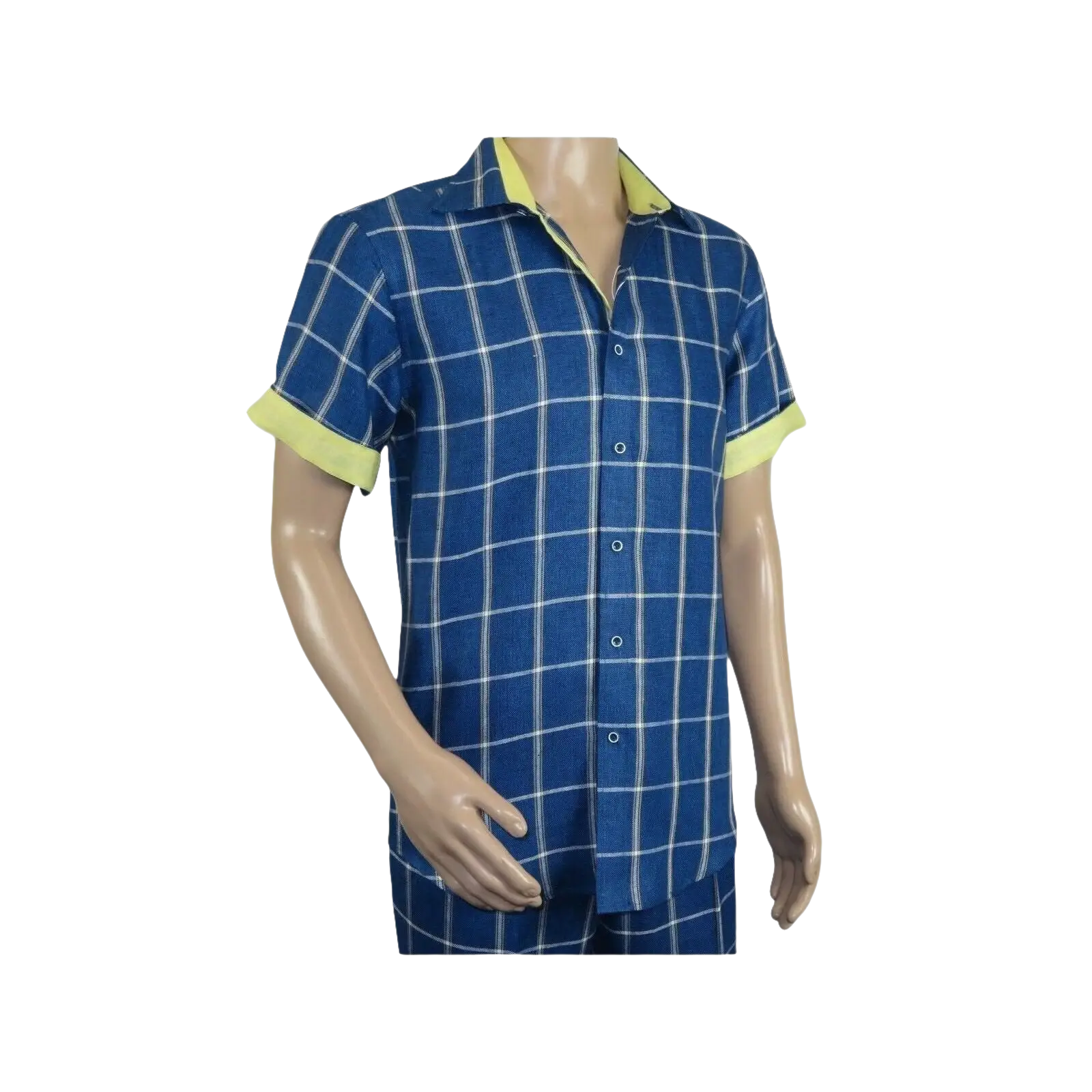 Men INSERCH premium Soft Cool Linen 2pc Walking Leisure suit 7098 Blue Plaid - J.Valintin Men's Wear Legend - 100696