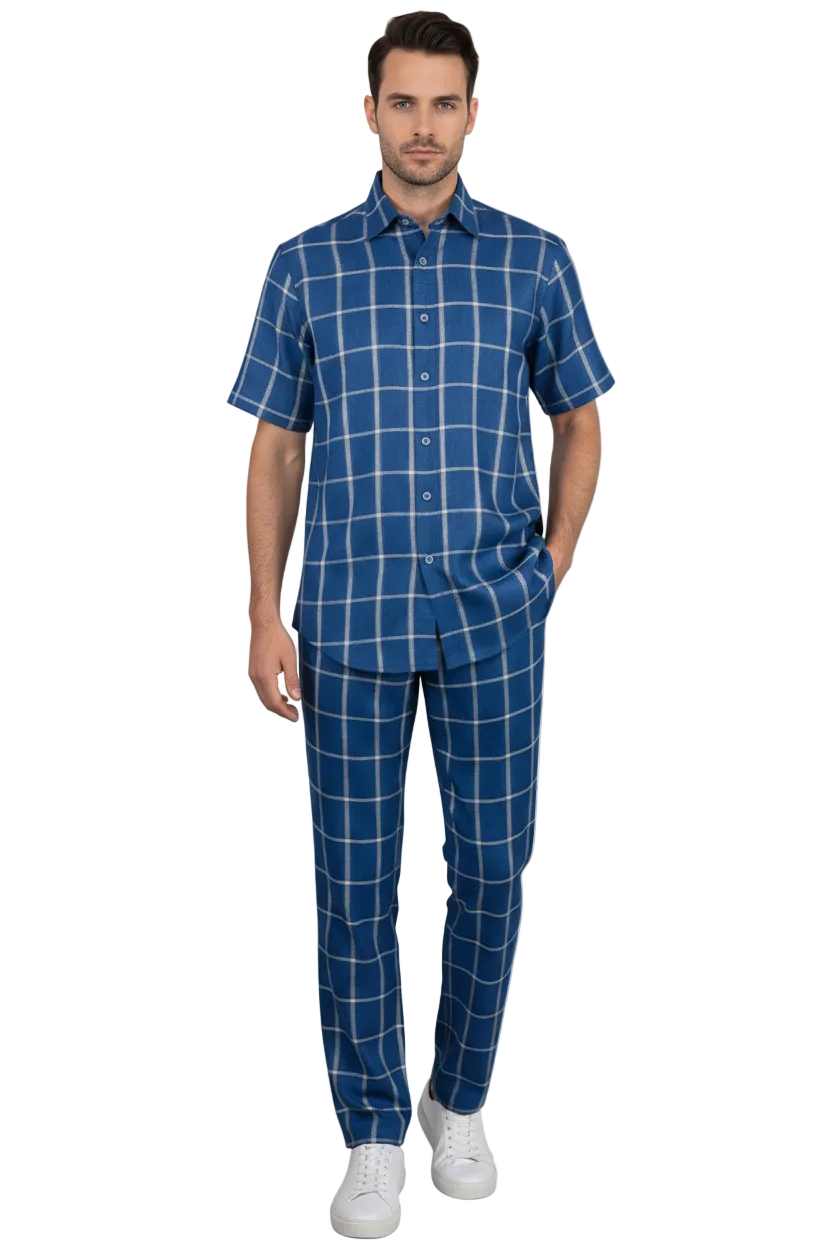 Men INSERCH premium Soft Cool Linen  2pc Walking Leisure suit 7098 Blue Plaid